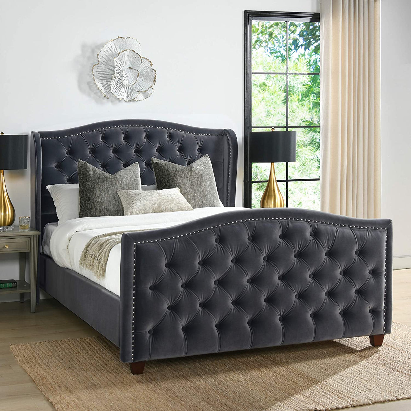 Marcella Transitional Tufted Wingback Panel Bed - Dark Grey - velvet - Bed Frame