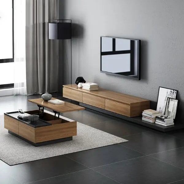 Krater Modern Luxury TV Unit – Black & Wood | Extendable 2000–2800mm | 3 Drawers – Modern Luxury Furniture – Furniture Valley Australia