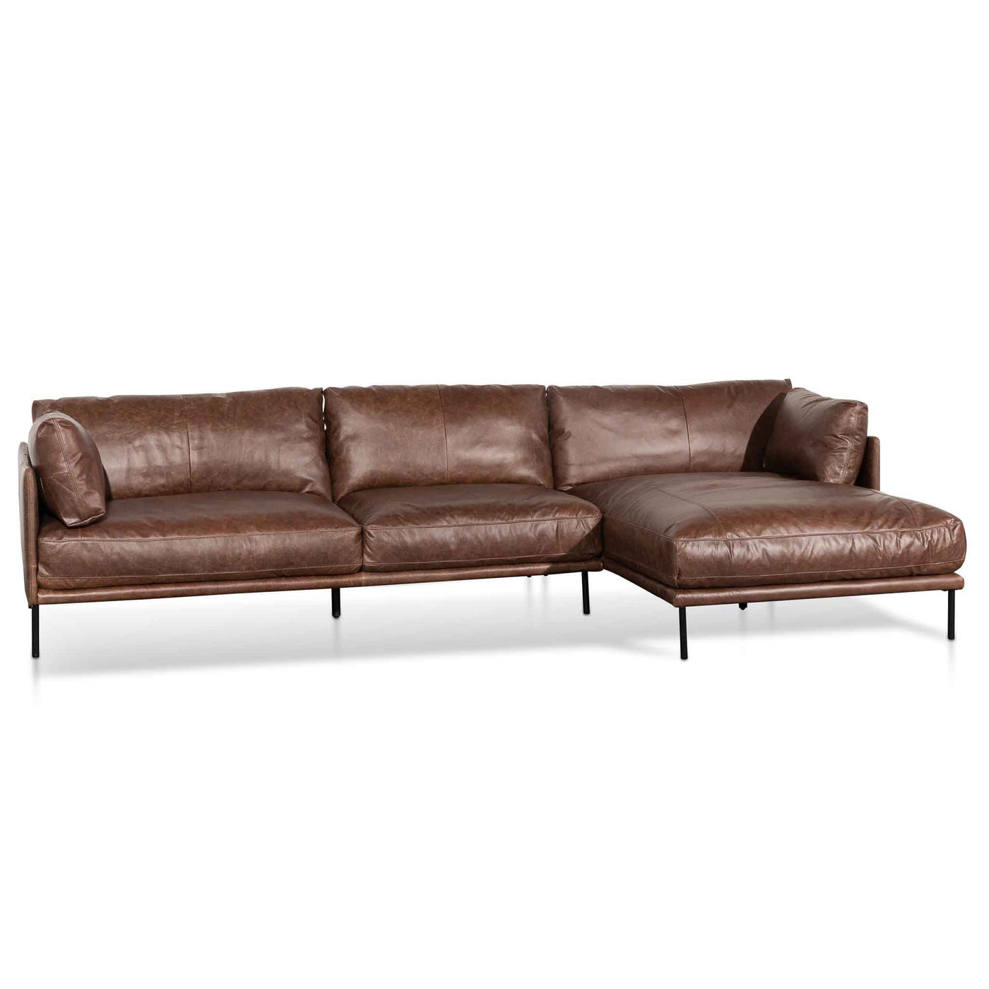 4 Seater Right Chaise Leather Sofa - Dark Brown