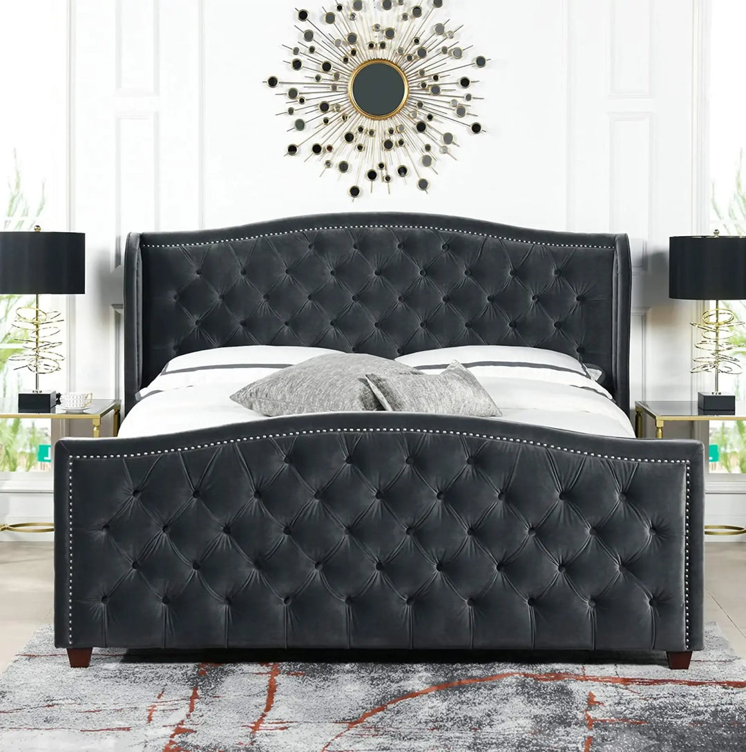 Marcella Charming Farmhouse Glam Wingback Panel Bed: Plush Upholstered Bedroom Furniture Furniture Valley