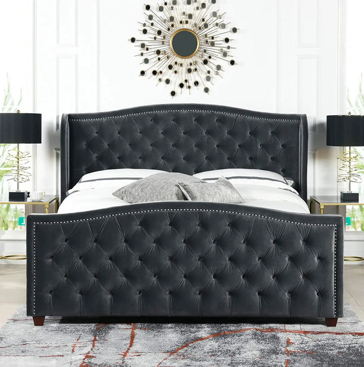 Marcella Charming Farmhouse Glam Wingback Panel Bed: Plush Upholstered Bedroom Furniture Furniture Valley