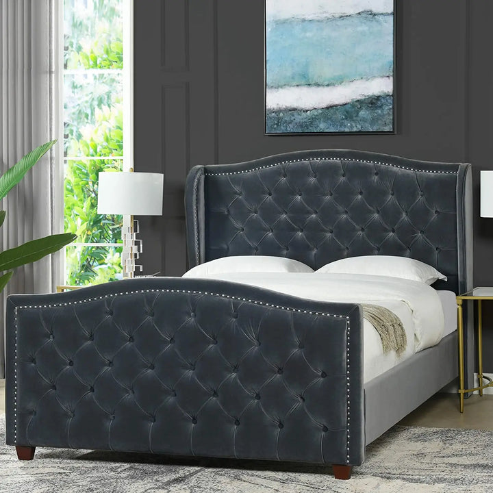 Marcella Transitional Tufted Wingback Panel Bed - Dark Grey - velvet - Bed Frame