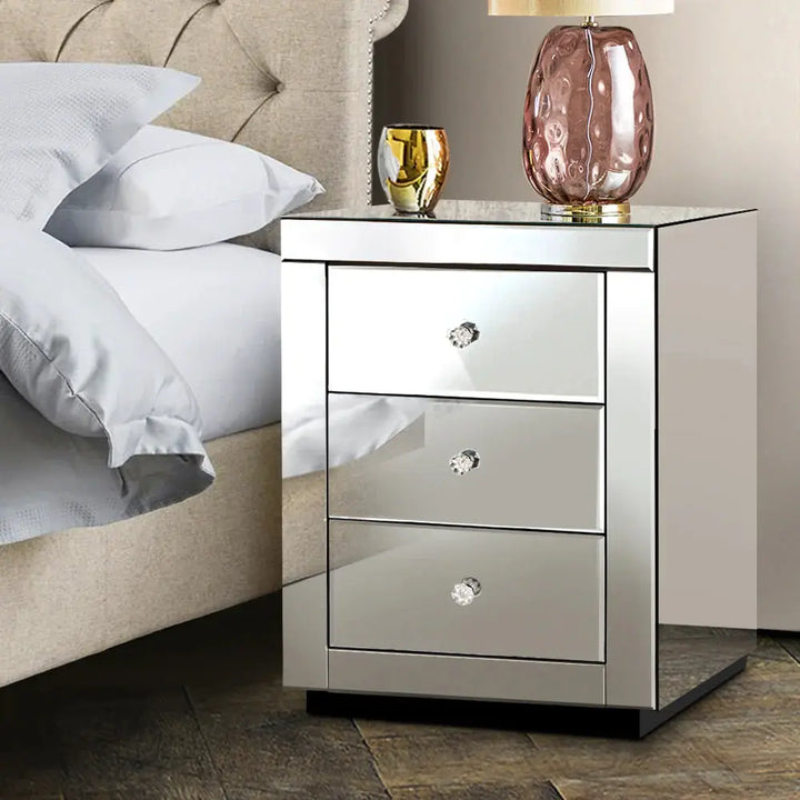 Mirrored Bedside Table Drawers Furniture Mirror Glass Presia Silver INTEX
