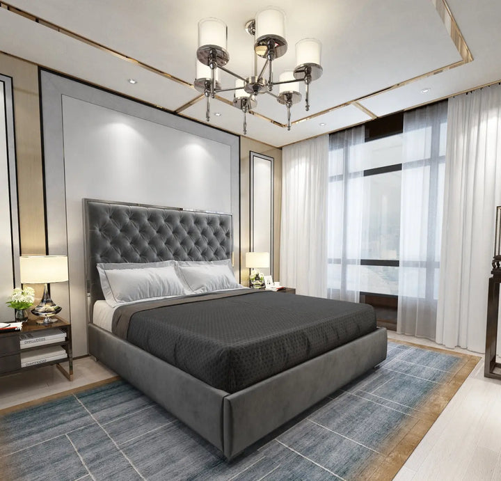 Olivia Velvet Tufted Upholstered  Bed Frame Silver  Chrome Edges - Dark Grey Furniture Valley