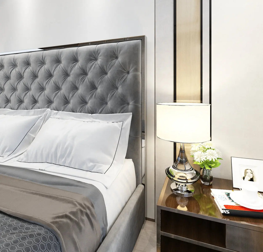 Olivia Velvet Tufted Upholstered  Bed Frame Silver  Chrome Edges - Dark Grey – Modern Luxury Furniture – Furniture Valley Australia
