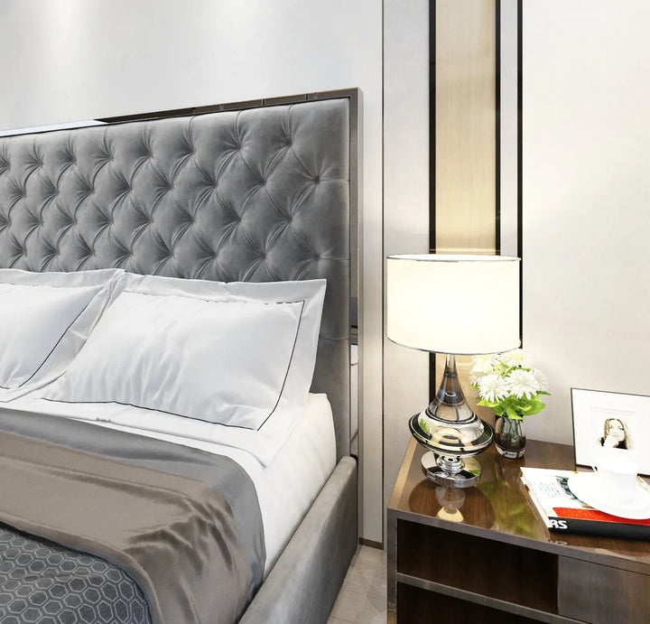 Olivia Velvet Tufted Upholstered  Bed Frame Silver  Chrome Edges - Dark Grey Furniture Valley