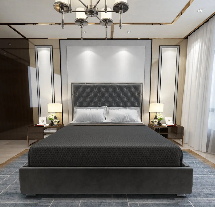 Olivia Velvet Tufted Upholstered  Bed Frame Silver  Chrome Edges - Dark Grey Furniture Valley