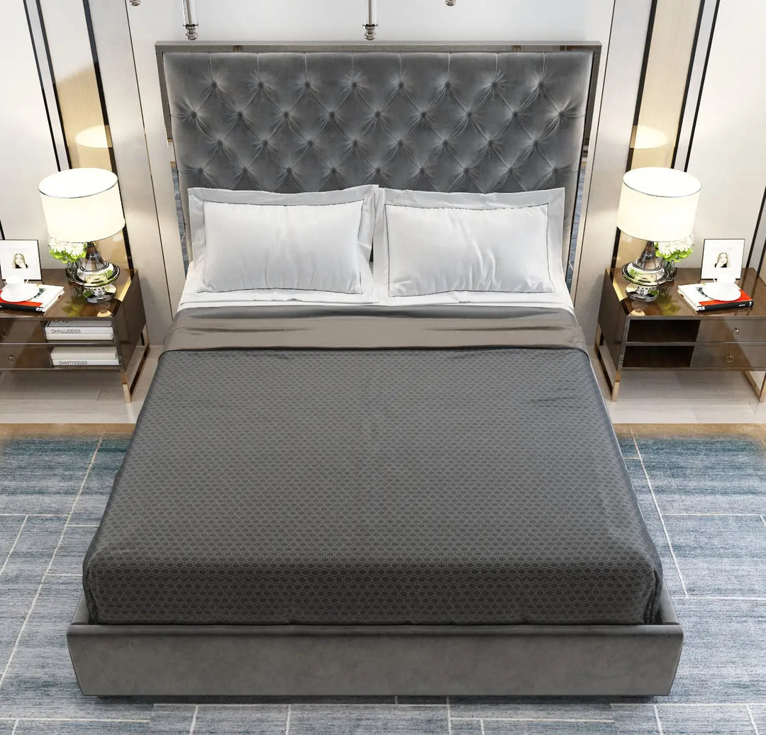 Olivia Velvet Tufted Upholstered  Bed Frame Silver  Chrome Edges - Dark Grey – Modern Luxury Furniture – Furniture Valley Australia