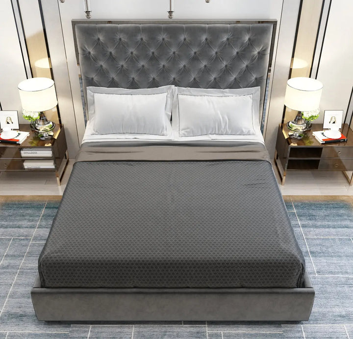 Olivia Velvet Tufted Upholstered  Bed Frame Silver  Chrome Edges - Dark Grey Furniture Valley