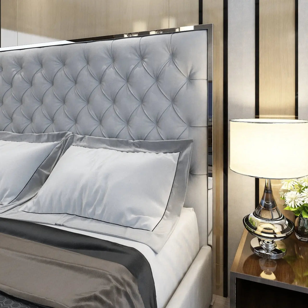 Olivia Velvet Tufted Upholstered  Bed Frame Silver  Chrome Edges -  Grey – Modern Luxury Furniture – Furniture Valley Australia