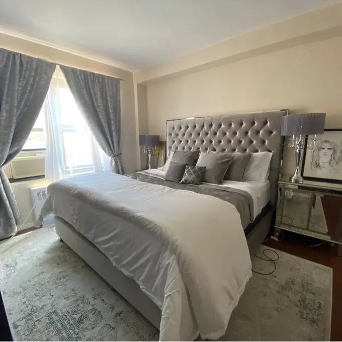 Olivia Velvet Tufted Upholstered  Bed Frame Silver  Chrome Edges -  Grey – Modern Luxury Furniture – Furniture Valley Australia