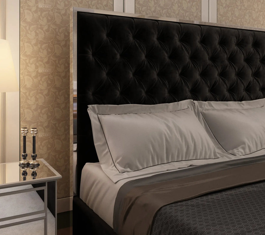 Olivia Velvet Tufted Upholstered  Bed Frame Silver  Edges - Black – Modern Luxury Furniture – Furniture Valley Australia