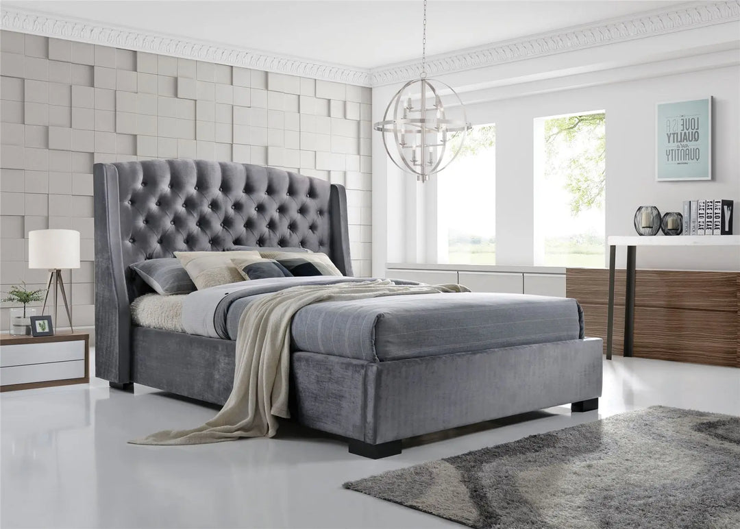 Salween Wing Style Luxury Tufted Upholstered  Bed Frame - Silver Grey – Modern Luxury Furniture – Furniture Valley Australia