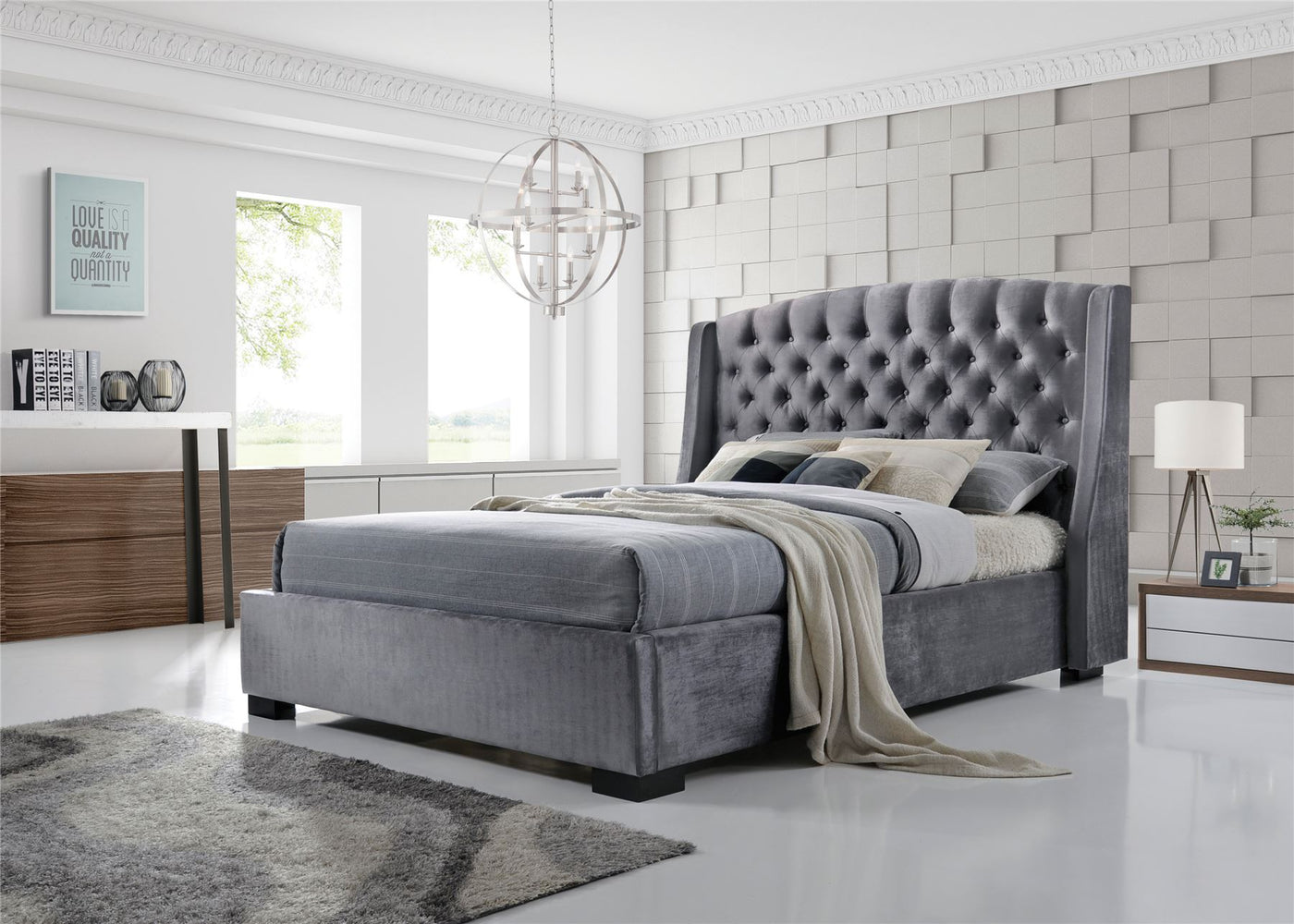 Salween Wing Style Luxury Tufted Upholstered  Bed Frame - Silver Grey