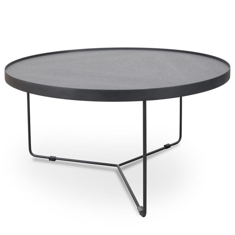 90cm Round Coffee Table - Black Oak Top - Black Frame
