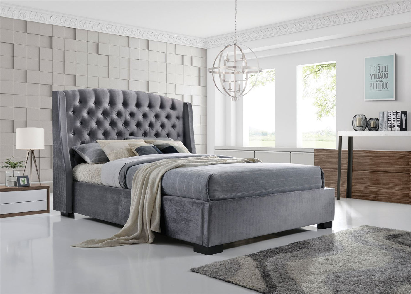 Salween Wing Style Luxury Tufted Upholstered  Bed Frame - Silver Grey