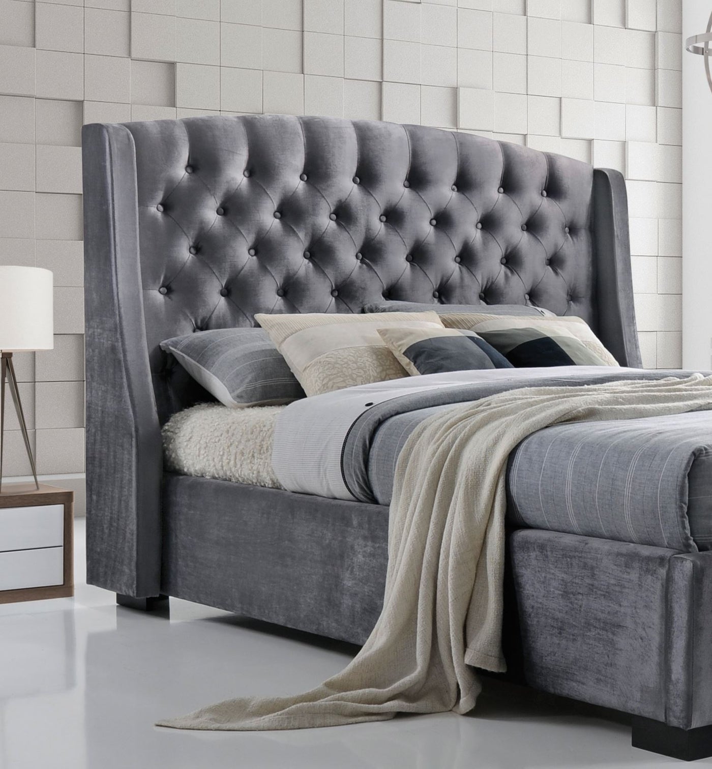 Salween Wing Style Luxury Tufted Upholstered  Bed Frame - Silver Grey
