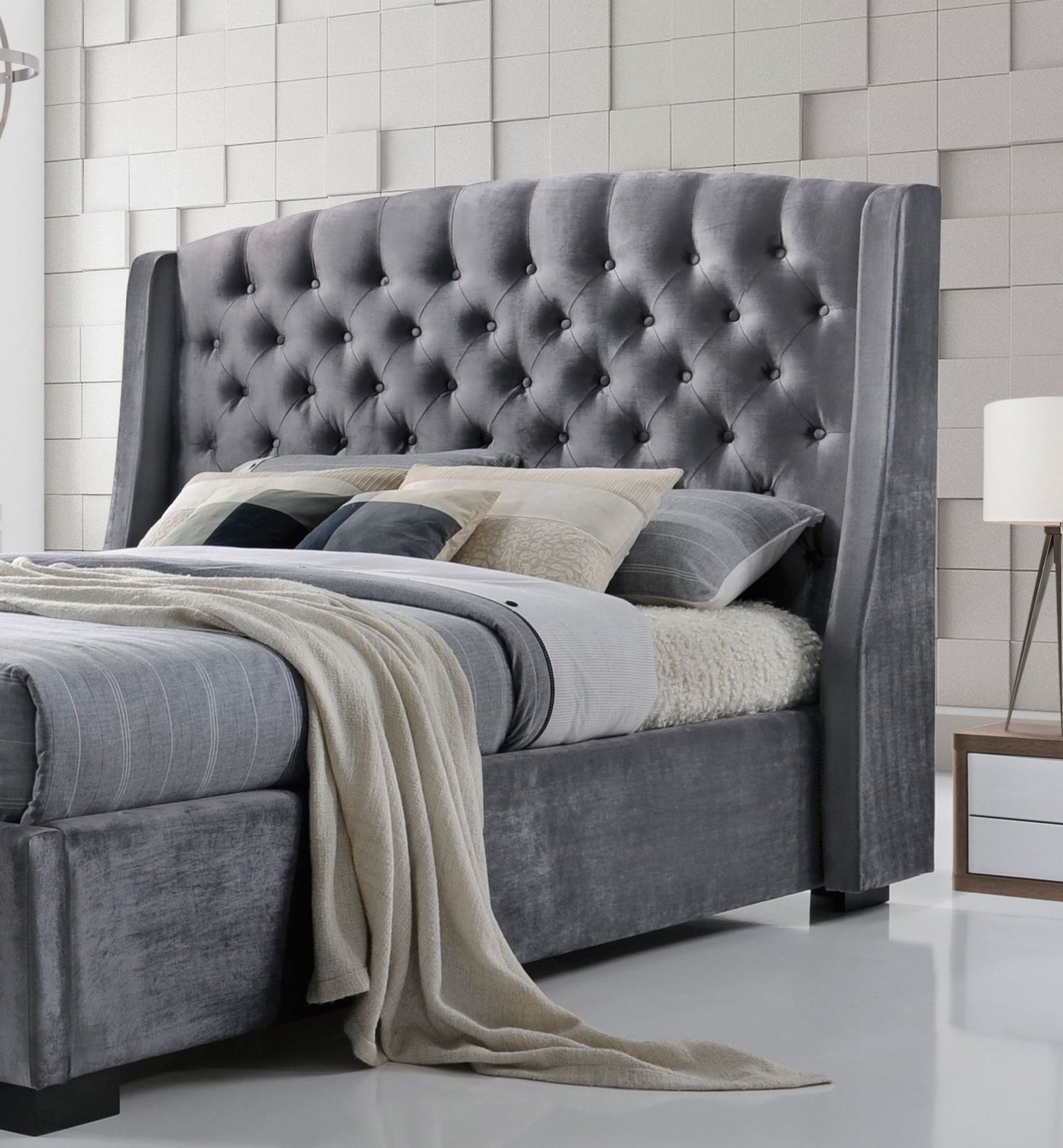 Salween Wing Style Luxury Tufted Upholstered  Bed Frame - Silver Grey